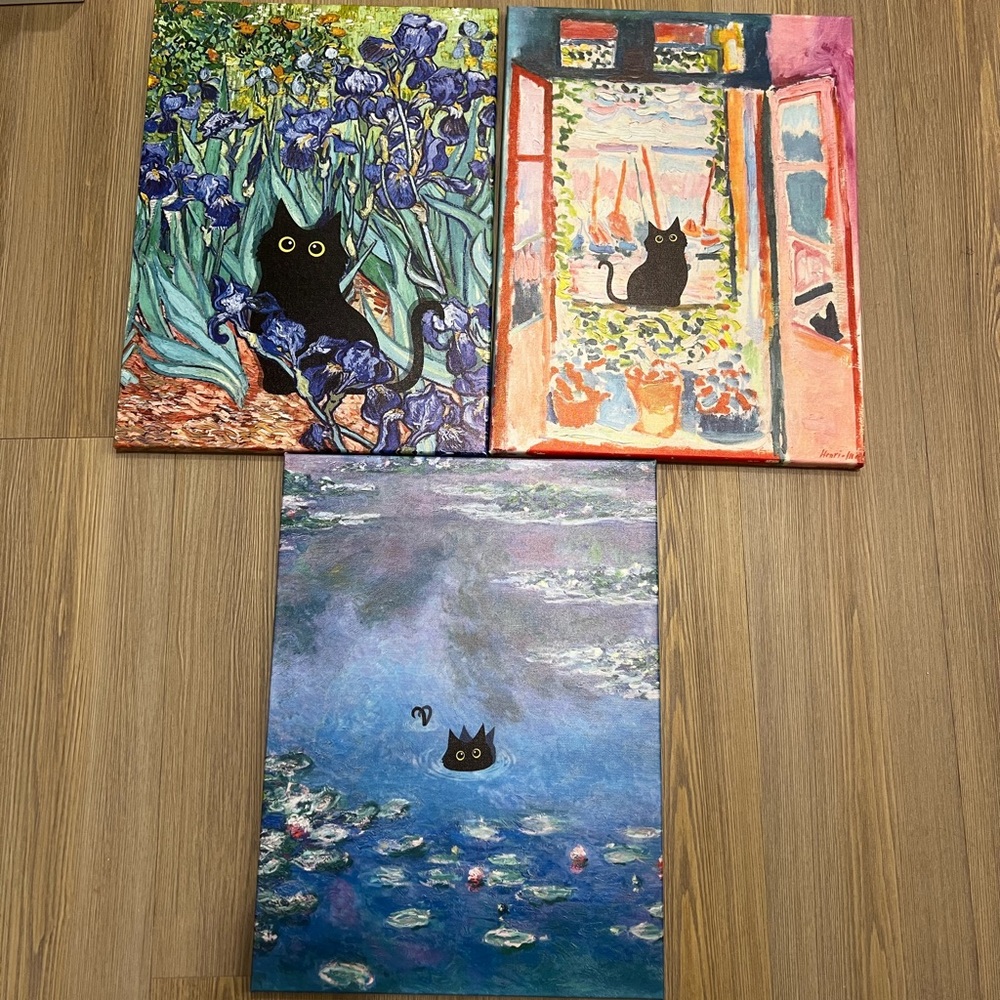 Set of 3 - 12” X 16” canvas black cat wall art